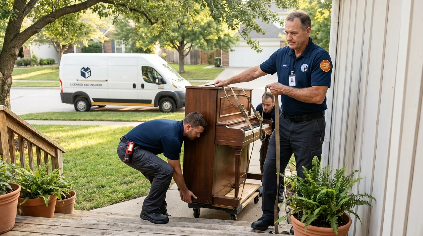 Licensed piano movers securing grand piano in Gilman, IL