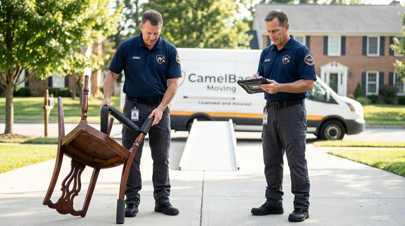 Movers inspecting furniture for damage prevention before loading in Gilman, IL