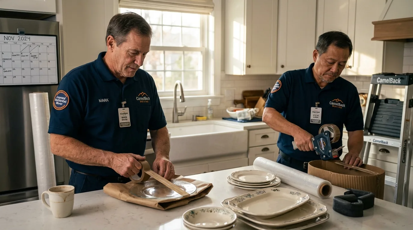 Professional crew packing kitchen dishware in Gilman, IL